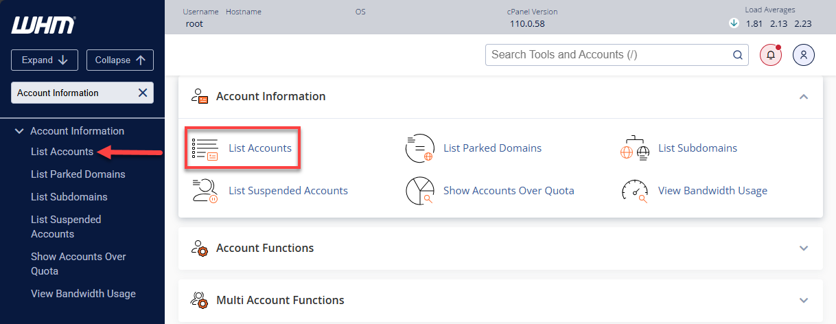 BH WHM List Accounts