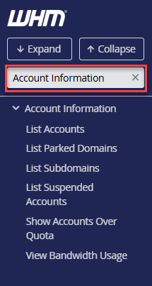 WHM Search box - Left panel