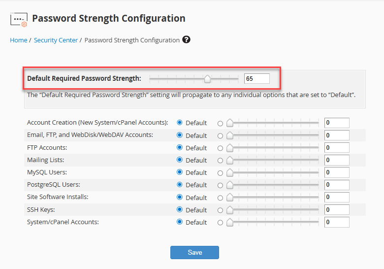 WHM - Security Center - Default Required Password Strength toggle bar
