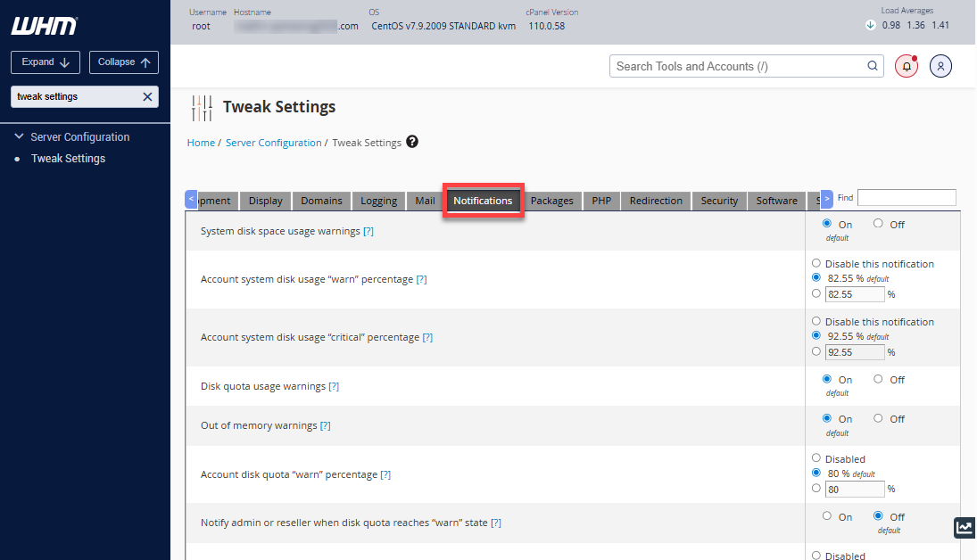 WHM - Tweak Settings - Notifications tab
