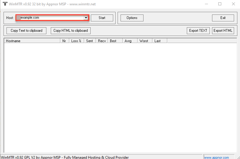 Bluehost WinMTR Host Field