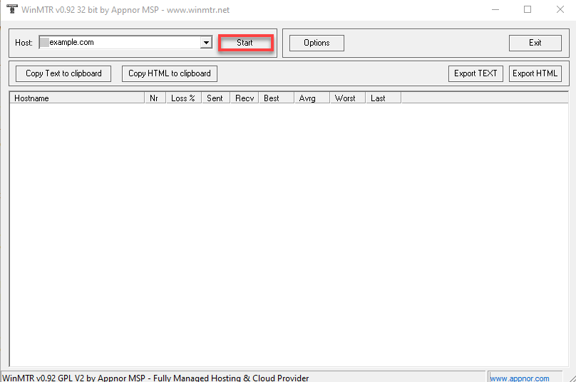 Bluehost WinMTR Start
