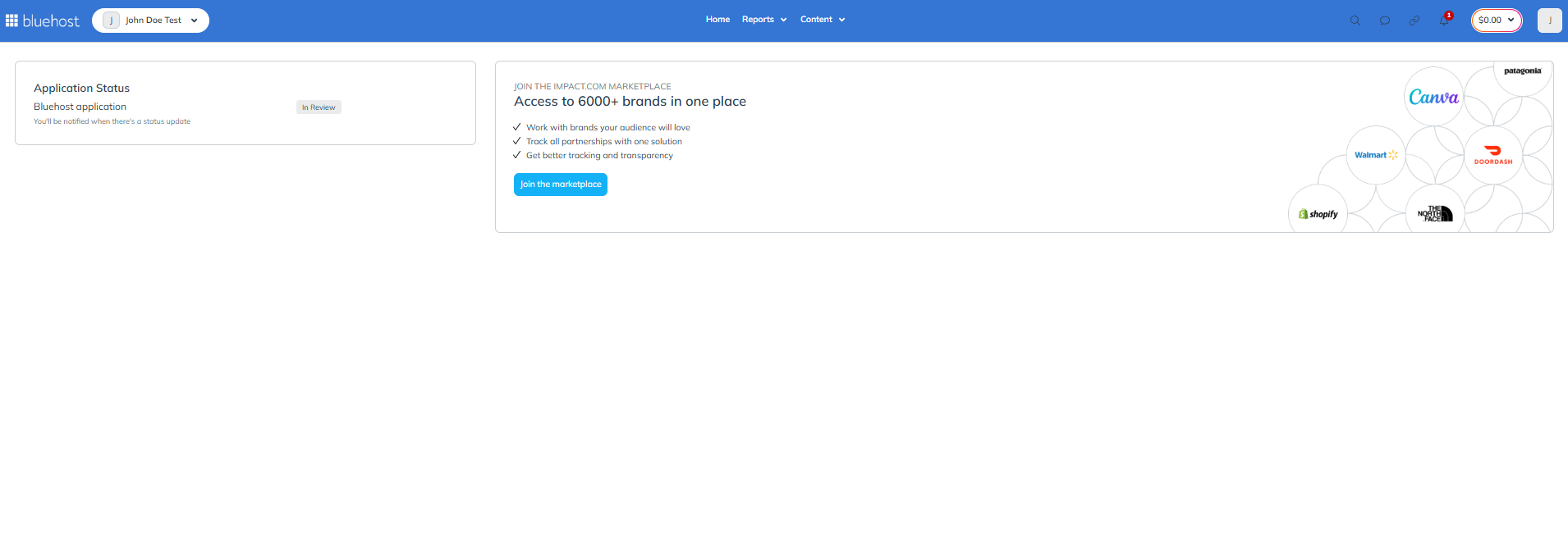 Bluehost Partner Program Page Successful Login Up button