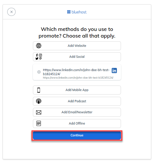 How to Promote Business With Bluehost Continue button