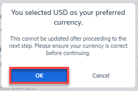 Confirm Currency Popup OK button