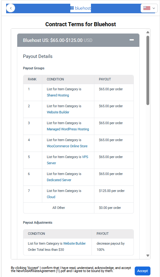 Contract Terms for Bluehost Page Accept button