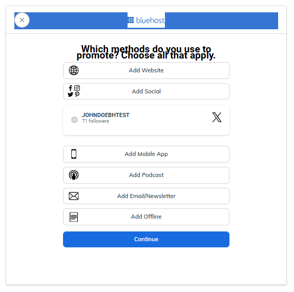 How to Promote Business With Bluehost Continue button