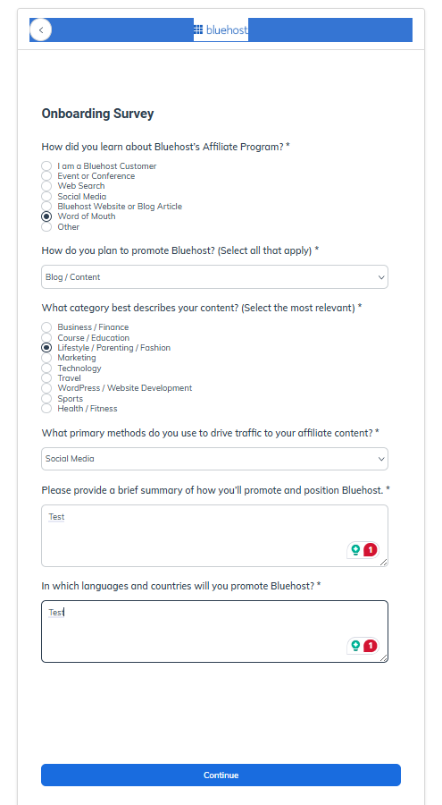 On Boarding Survey Continue button