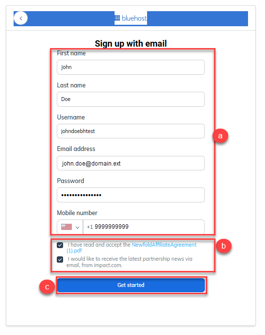 Sign Up With Email Page Get Started button