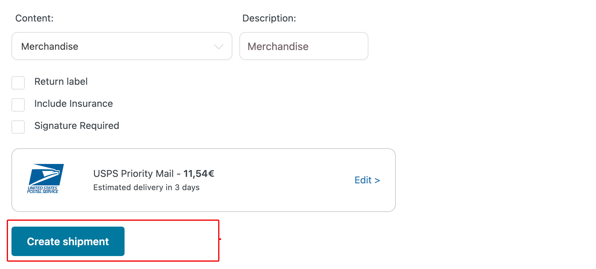 Create Shippment Button