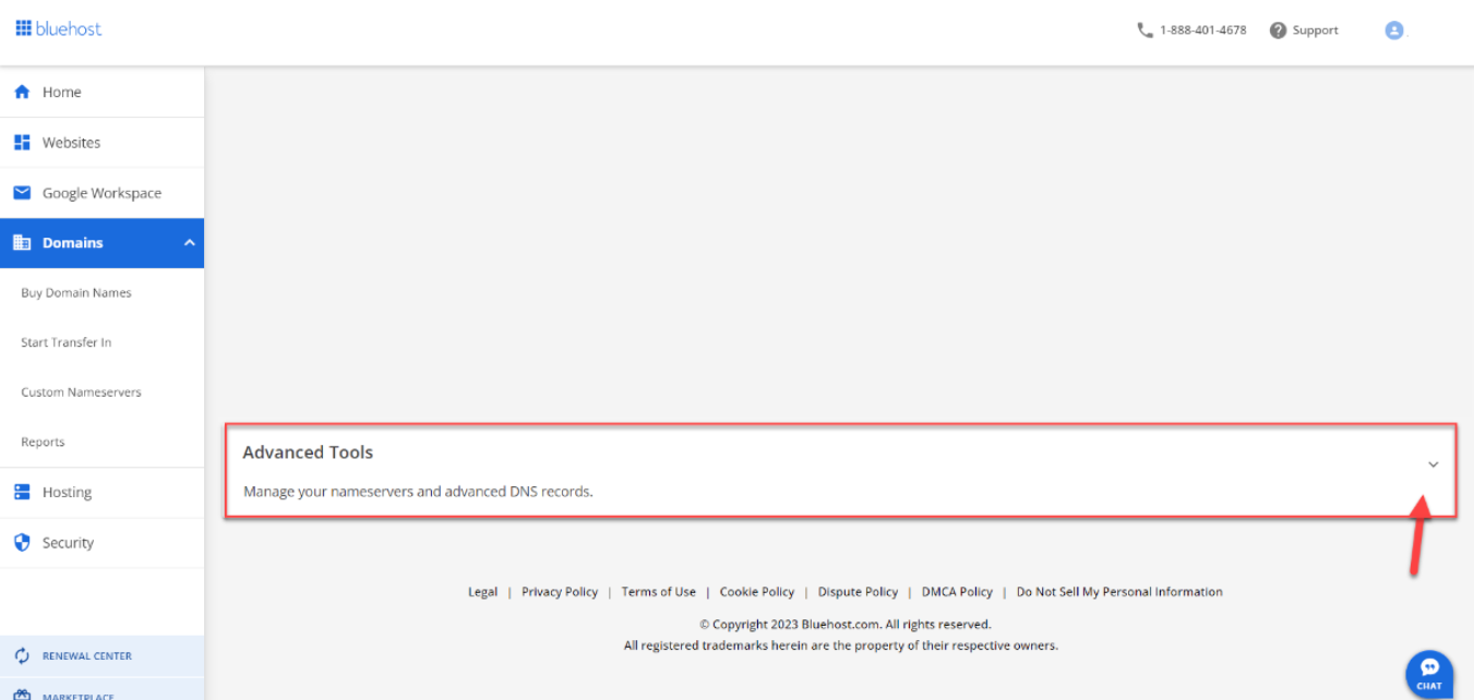 Advanced tools under Domains tab