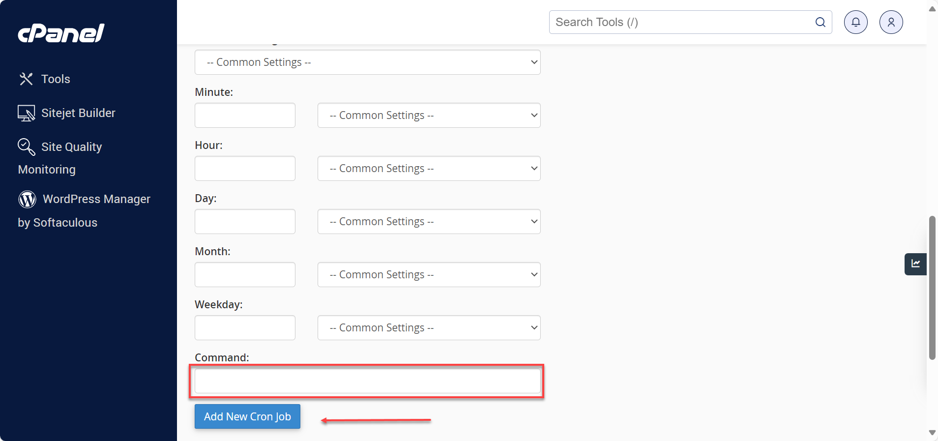 Field to enter Command and Add New Cron Job button