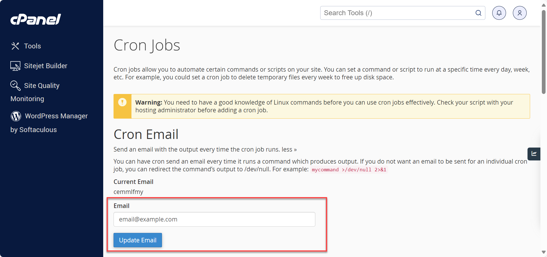 Field to enter email and the Update Email button