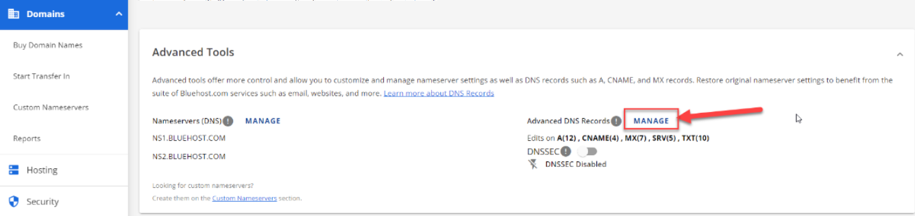 Manage button under Advanced Tools