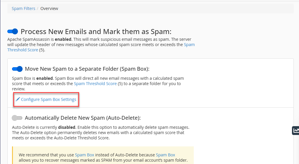 configure spam box
