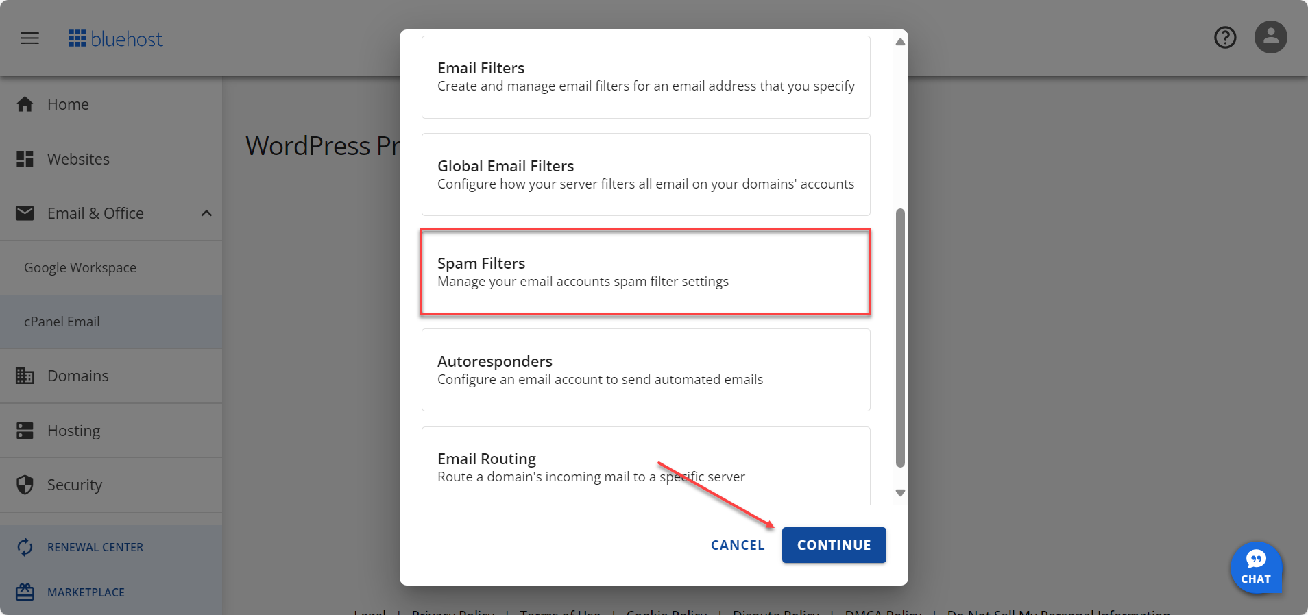 Spam Filters option and blue Continue button