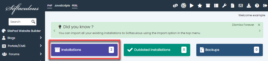 Bluehost cPanel Installations box