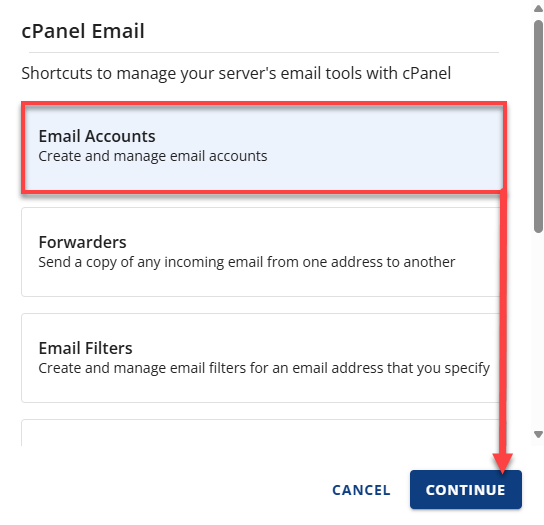 Bluehost Account Manager cPanel Email Email Account Continue