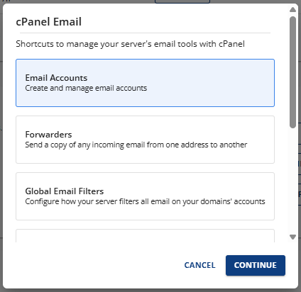 Bluehost Account Manager cPanel Email Email Account Continue