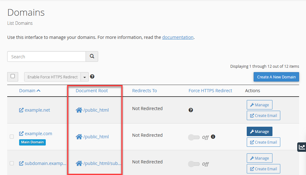 Bluehost cPanel Domains List Document Root Column