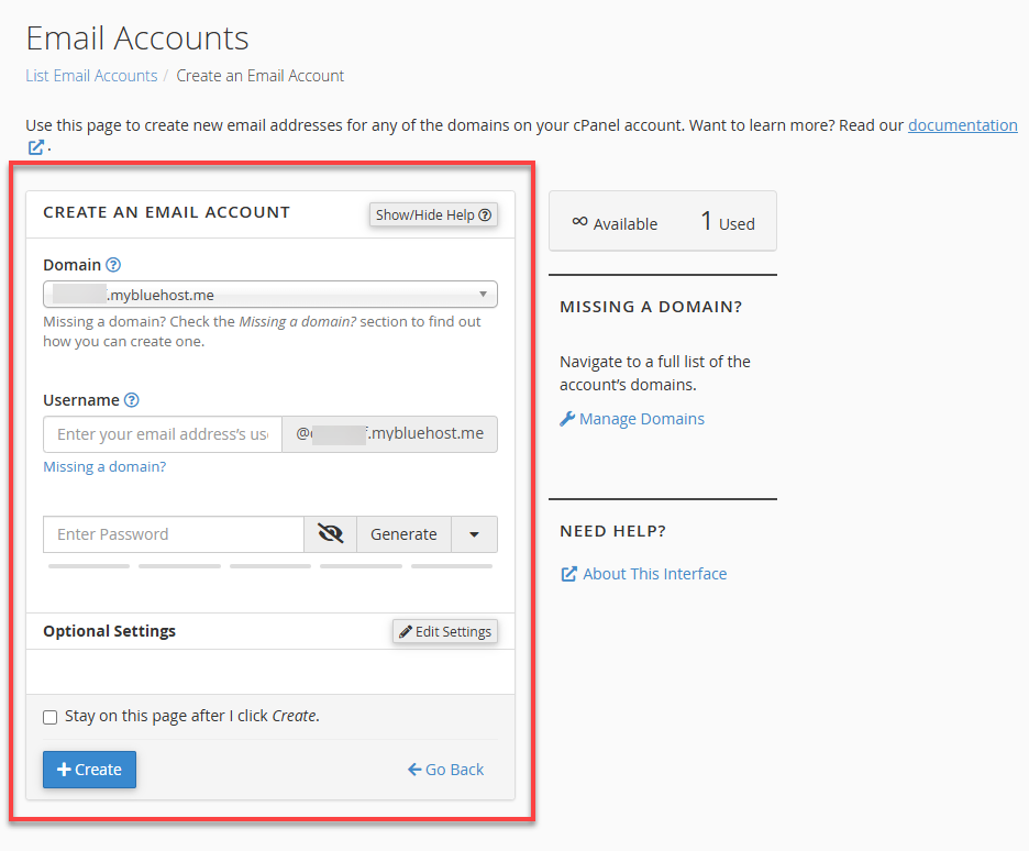 Bluehost Create Email Accounts Field