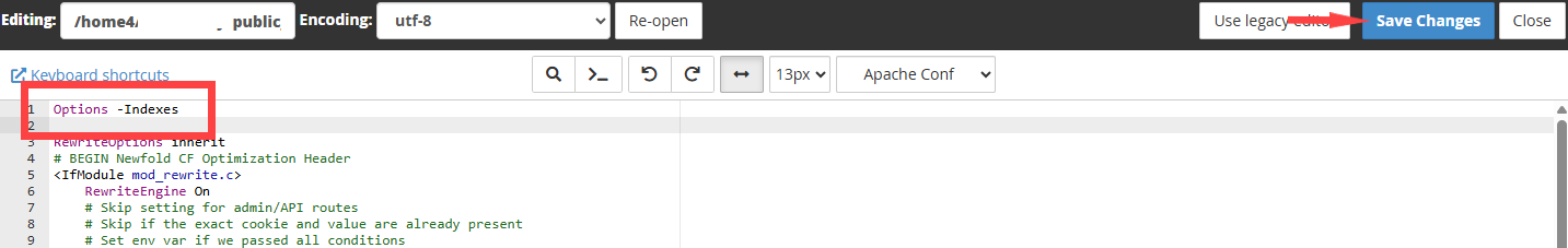 BH cPanel - .htaccess - Edit Options Indexes - Save