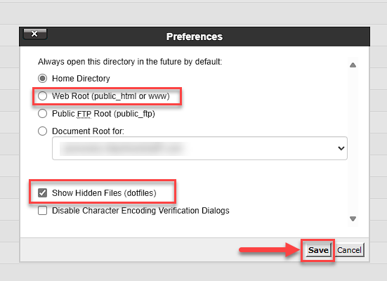 cPanel -  File Manager - Preferences