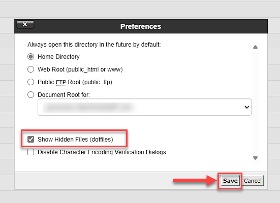 cPanel -  File Manager - Preferences