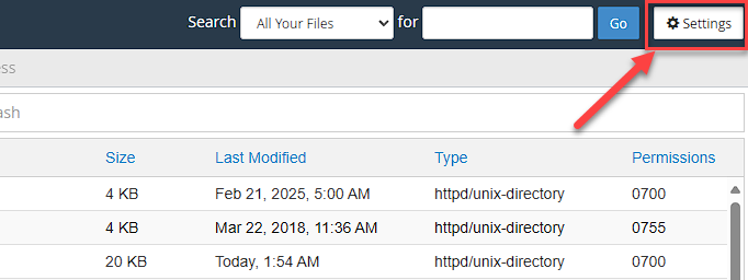cPanel -  File Manager - Settings