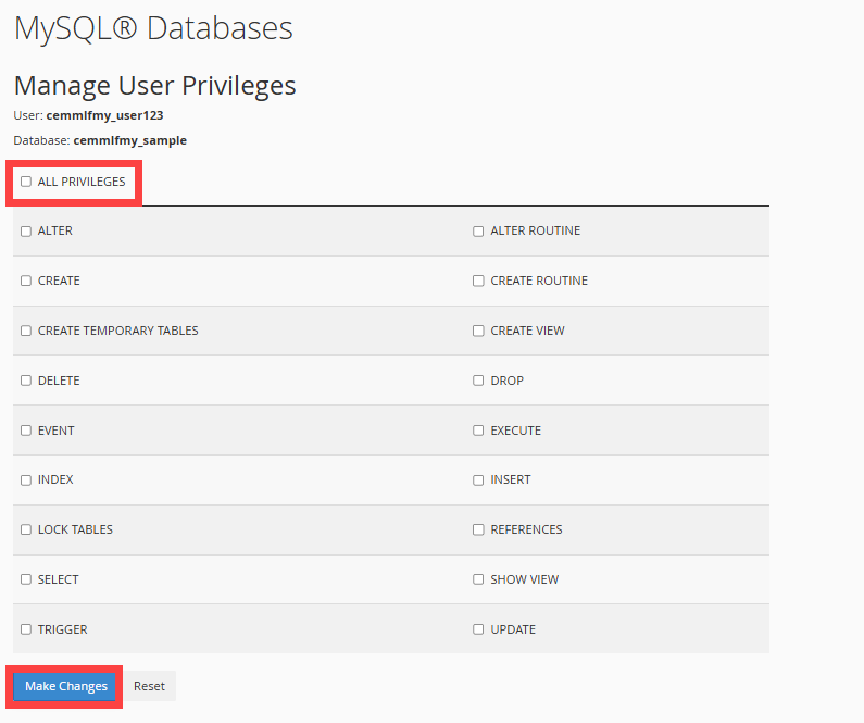 BH cPanel - Add User to Database - All Privileges