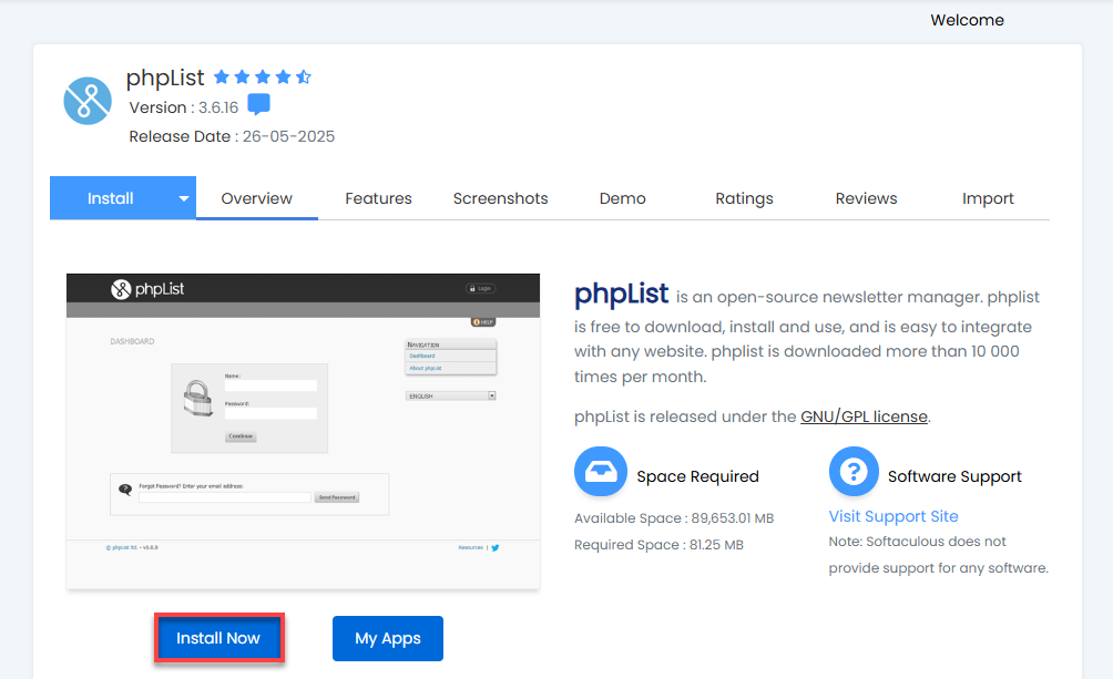 cPanel - Softaculous Apps Installer Mails phpList Install Now