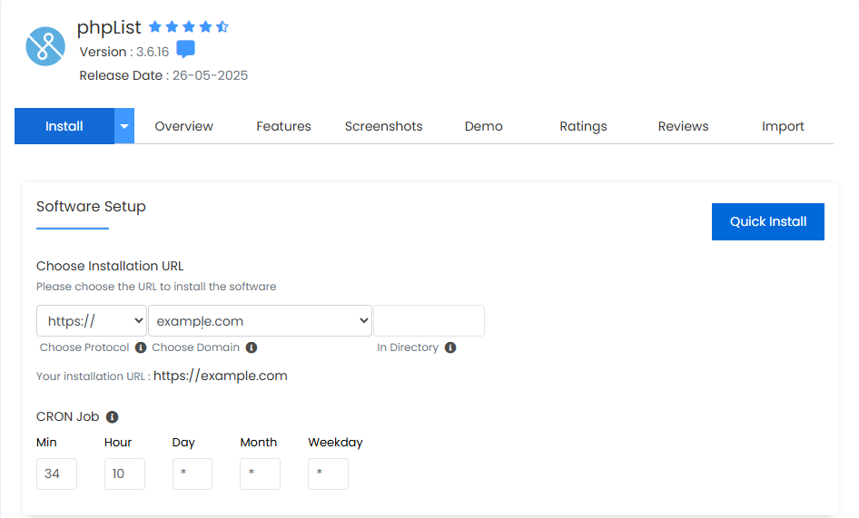 cPanel - Softaculous Apps Installer Mails phpList Software Setup