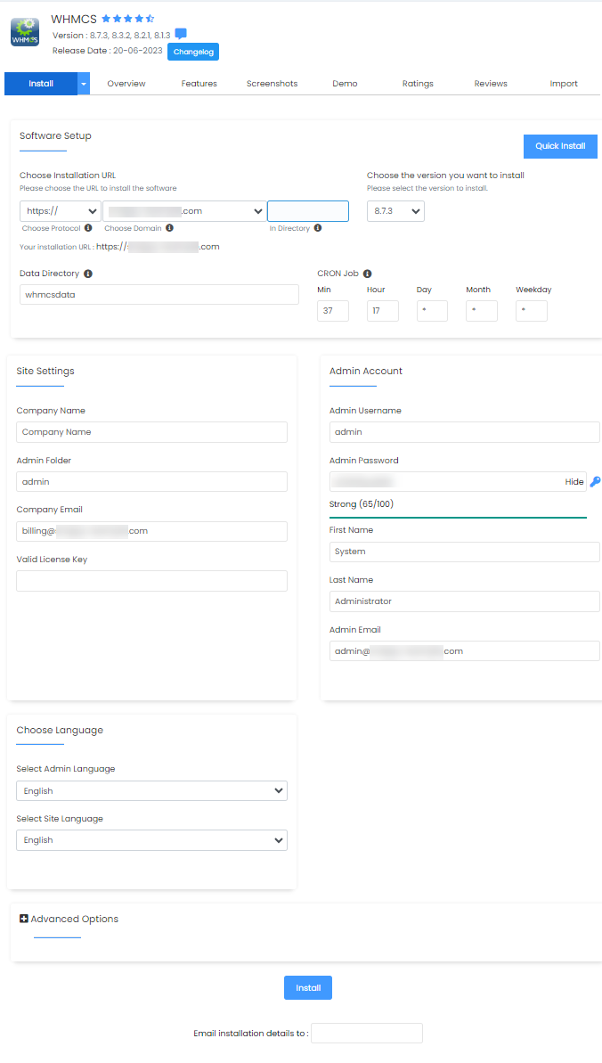 WHMCS - Installation form