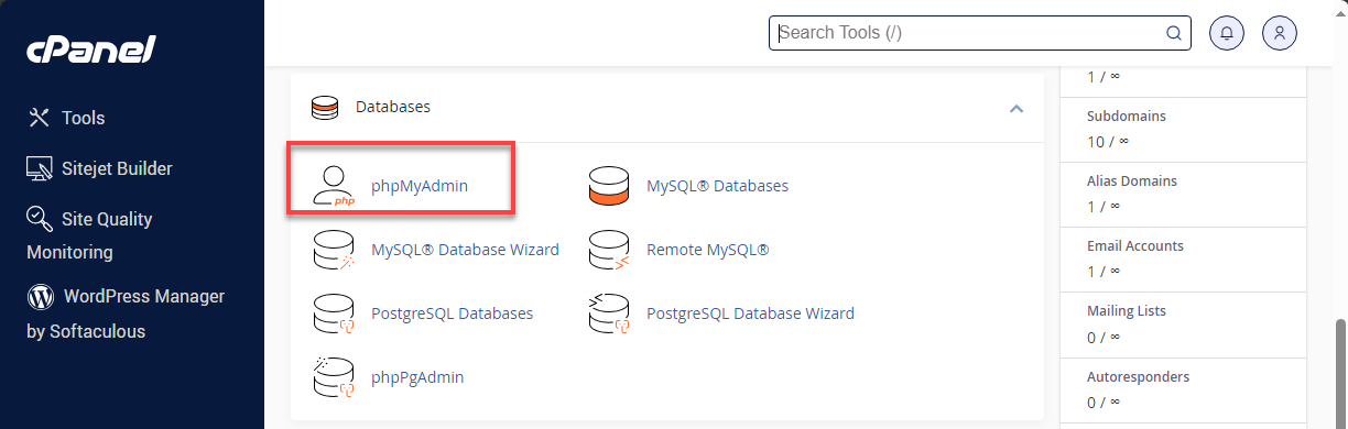 Bluehost cPanel Databases phpMyAdmin