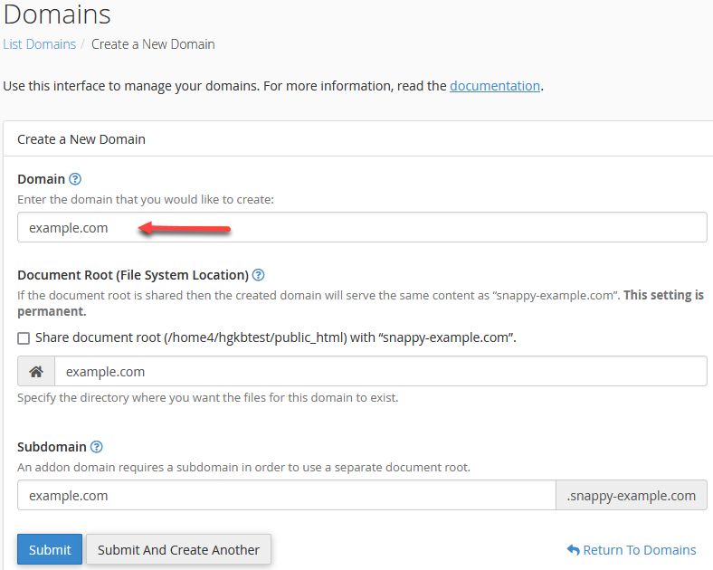 cPanel - Enter domain name