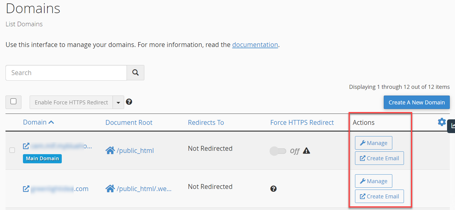 List of domains and Manage button for each domain