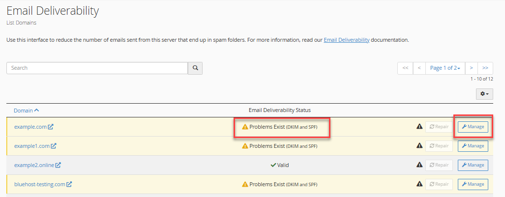 cPanel manage domain