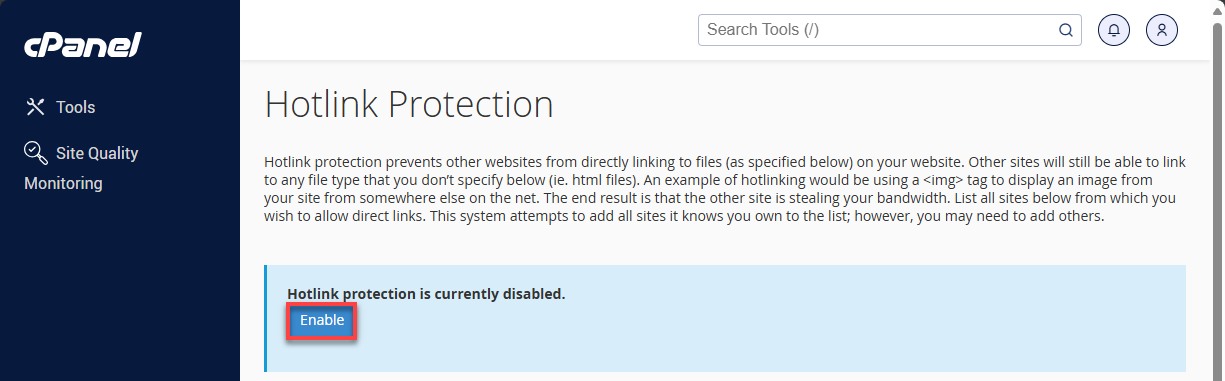 cPanel HotLink-Protection Enable Button
