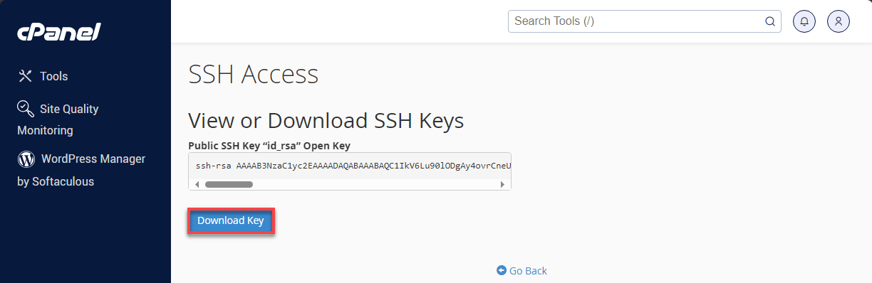 Bluehost cPanel SSH Access Public Keys Download Key