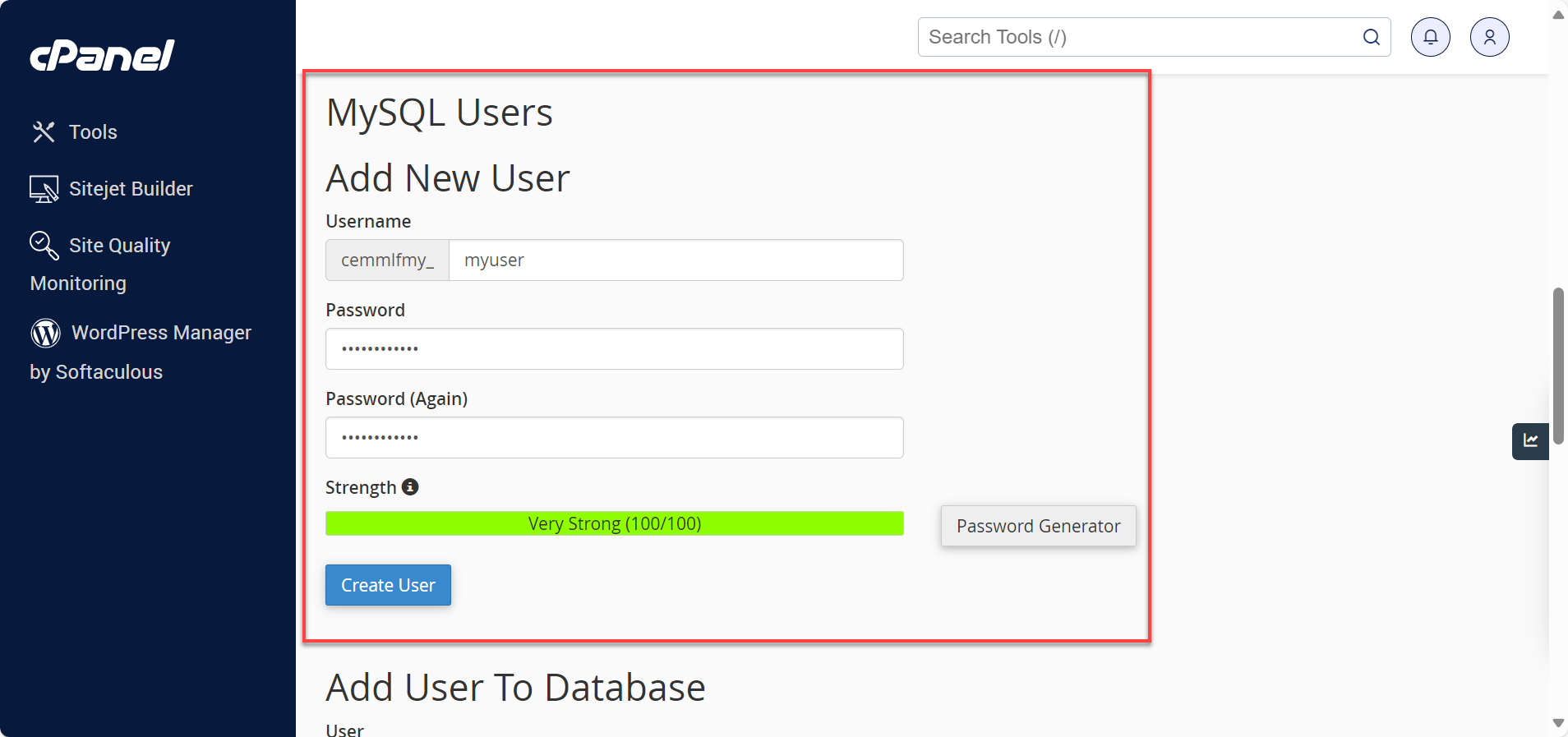 Fields to enter new user and password