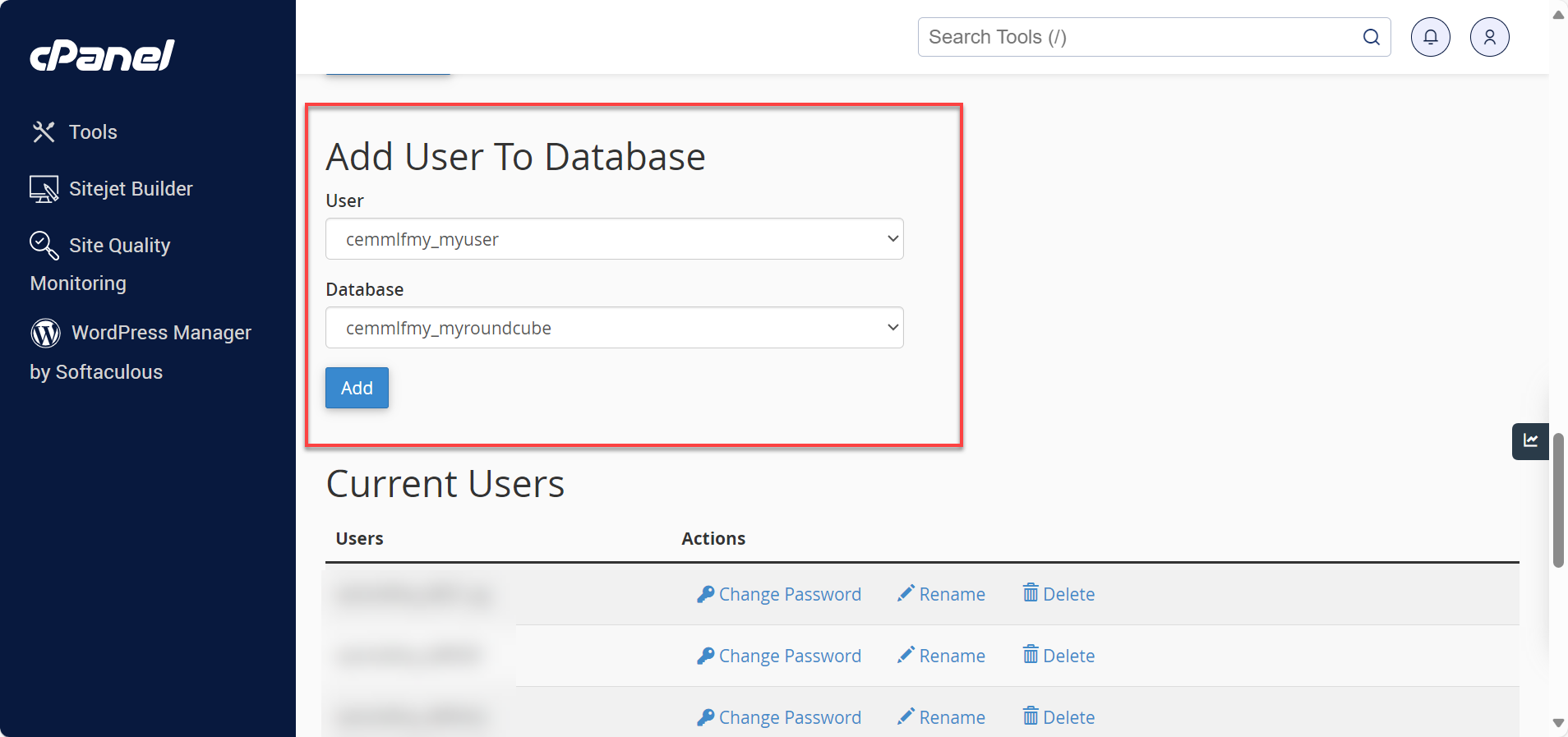 Fields to enter New User and Database and Add button