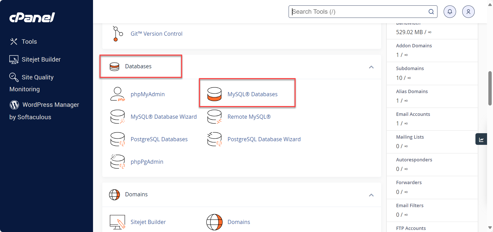 MySQL Databases icon under Databases