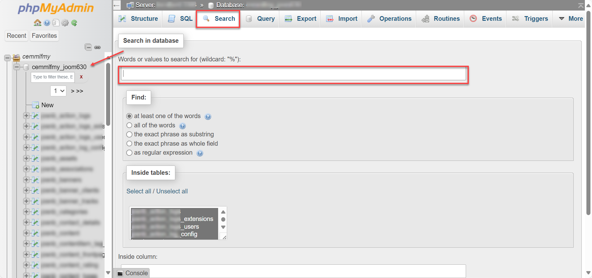 Field to search databases