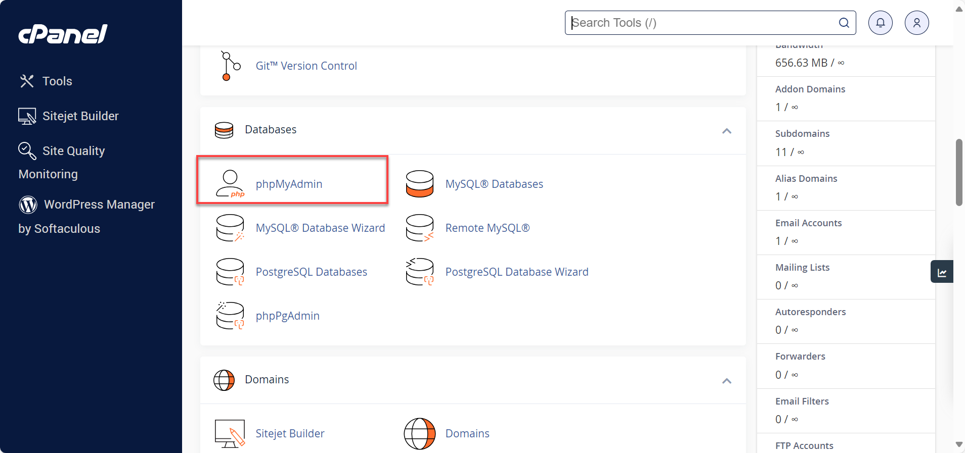 phpMyAdmin icon under Databases