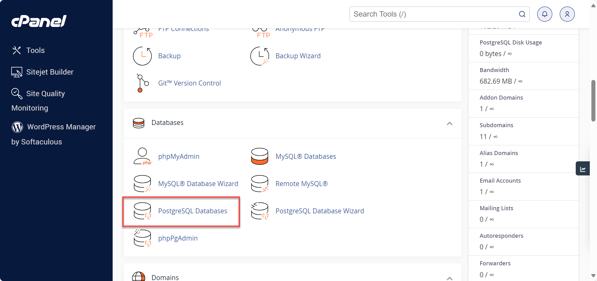 PostgreSQL database option under Databases in cPanel