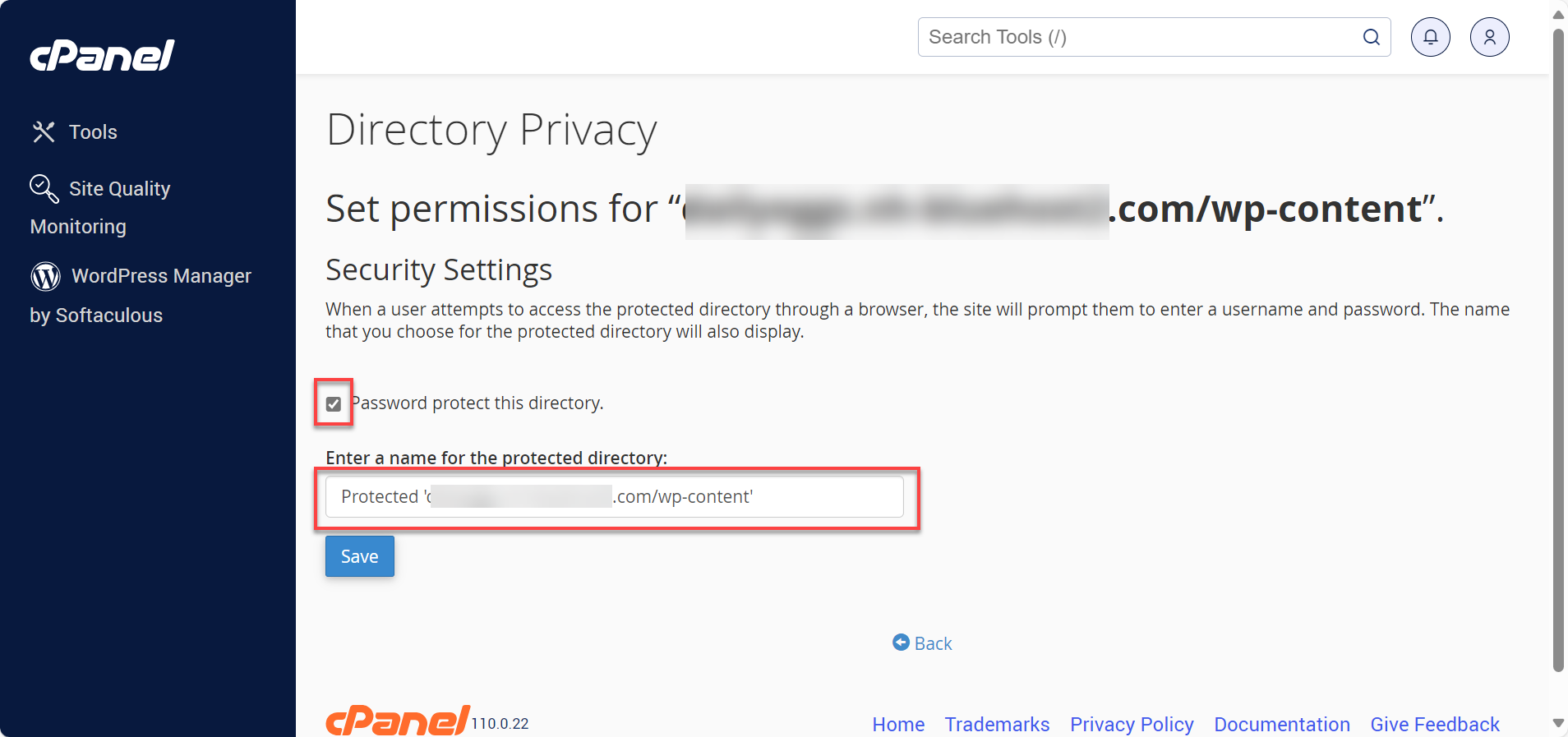 check box for password protect and Save button
