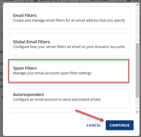 Spam Filters option and blue Continue button