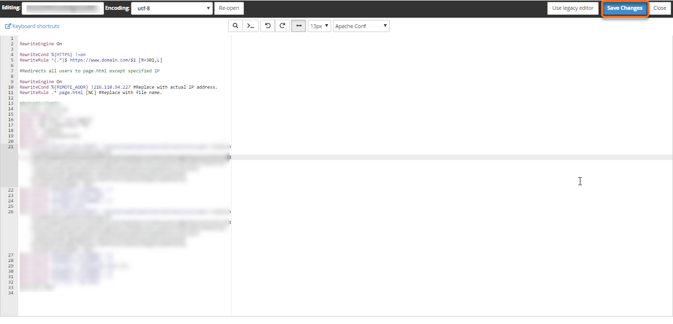 Bluehost - cPanel - File Manager - .htaccess File - Save Changes