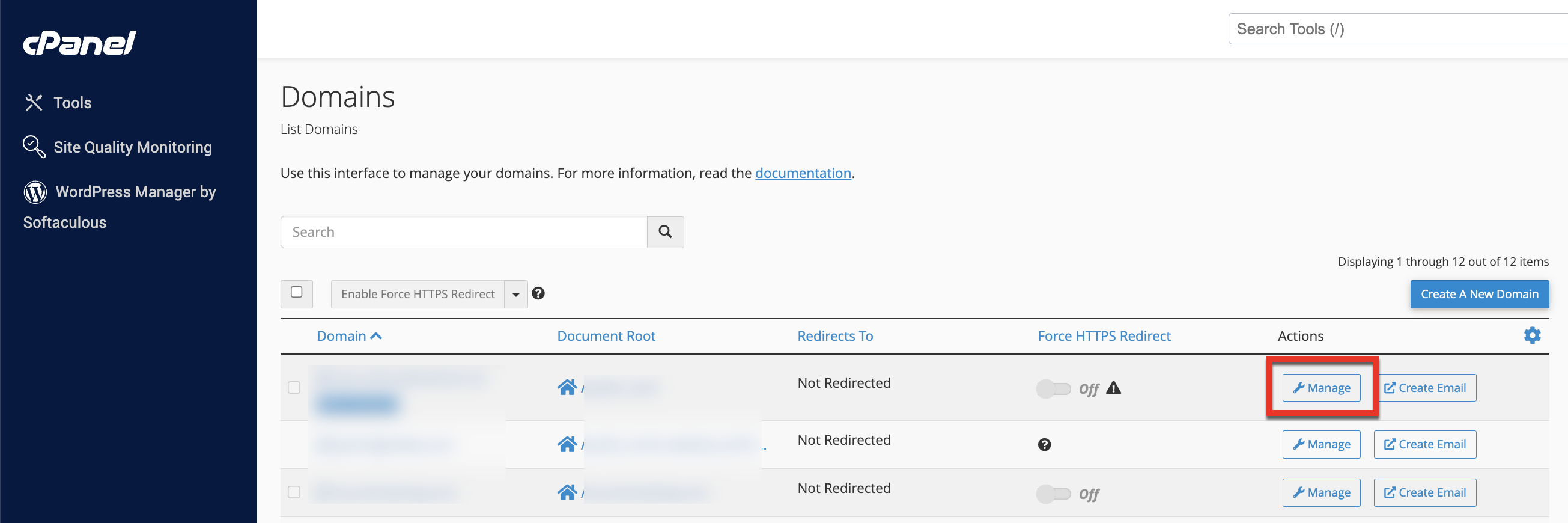 Manage button for a domain