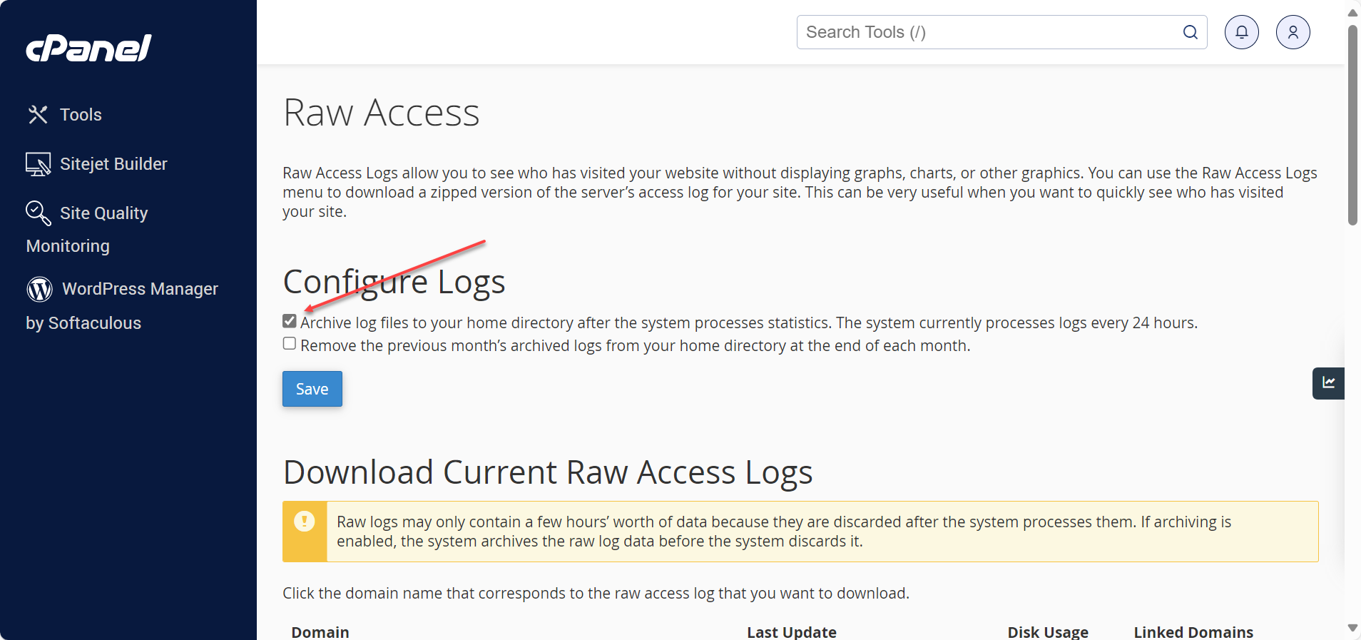 checkbox to enable raw access log archiving in cPanel